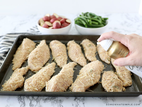 crusted chicken on a baking pan being sprayed with olive oil