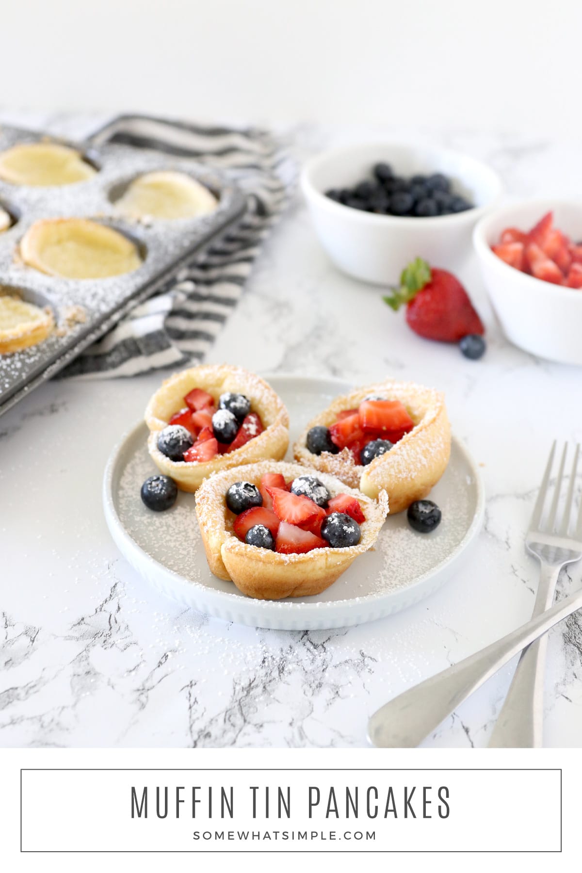 Baked in muffin tins, these Pancake Popovers make a tiny version of your favorite German pancakes or Yorkshire Pudding. They are simple to make and totally delicious! via @somewhatsimple