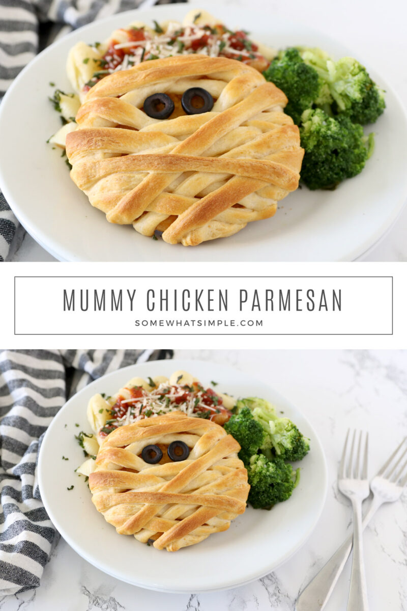 collage of chicken parmesan that looks like a mummy