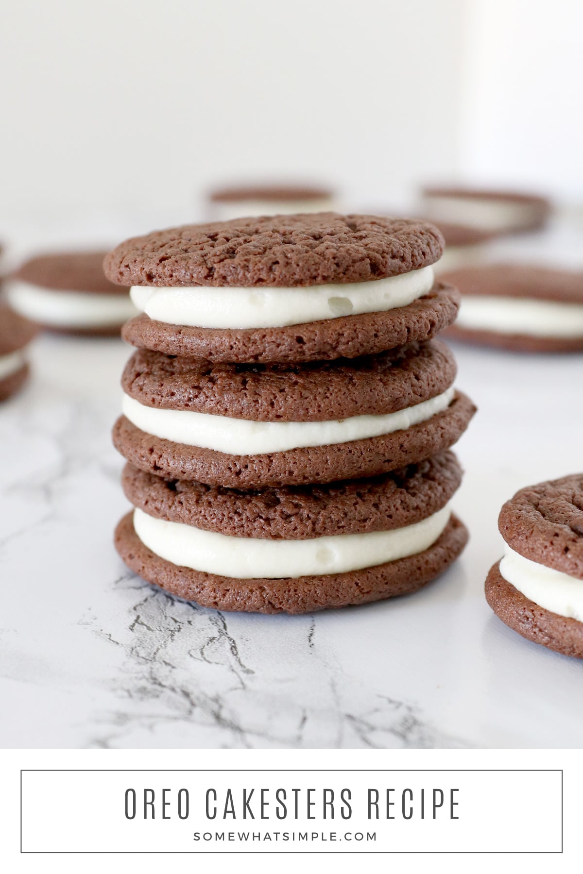 Homemade Oreo Cakesters (aka "Whoopie Pies") are soft chocolate cookies with a cream cheese filling. They're a simple treat that looks and tastes amazing! via @somewhatsimple