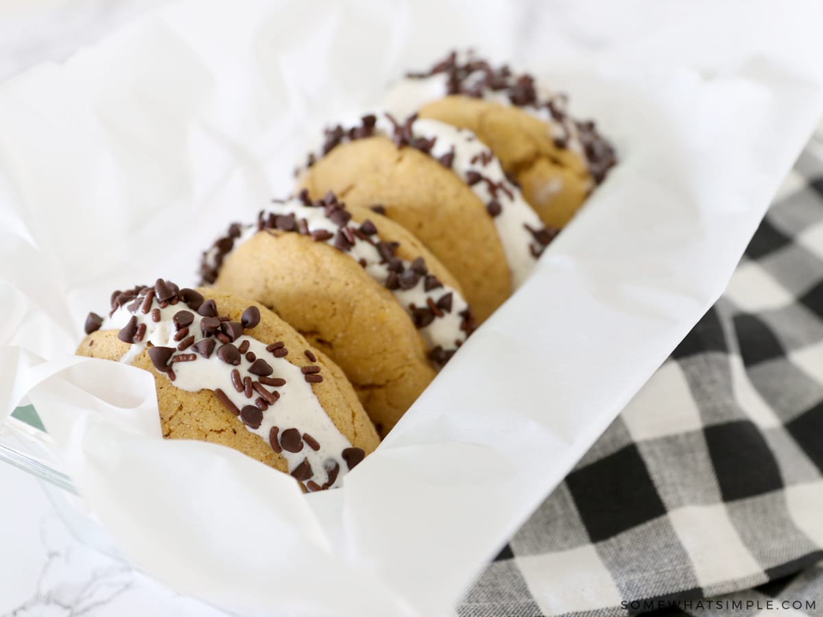 pumpkin ice cream sandwiches in a bread pan