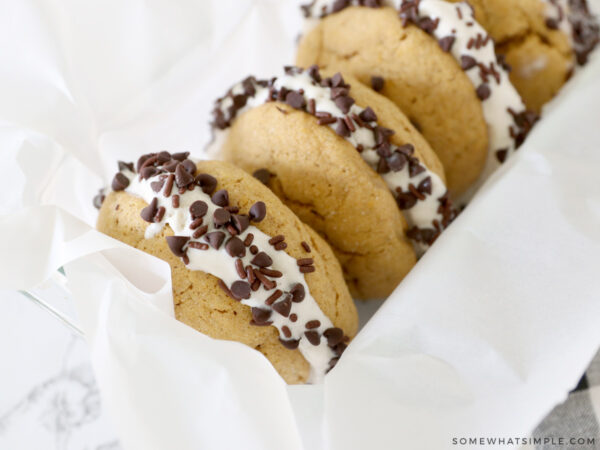 ice cream sandwiches lined up in a baking dish