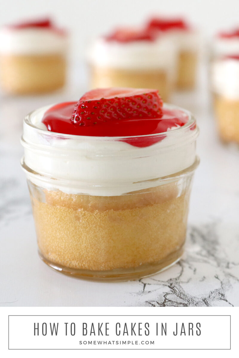 long image and close up of strawberry cake in mini mason jar