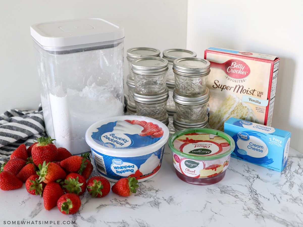 ingredients to make strawberry cake in a jar