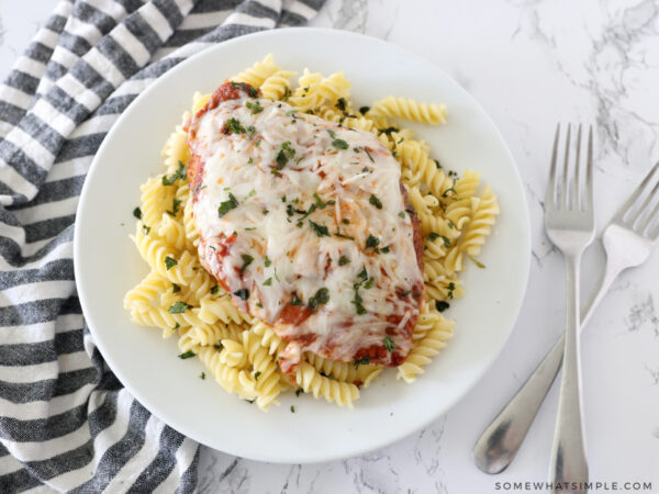 chicken pizzaiola served on top of rotini pasta