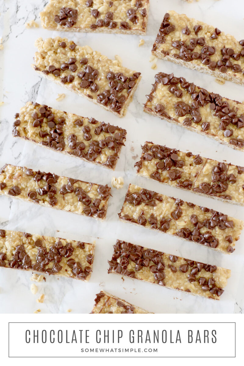 homemade granola bars in two rows sitting on parchment paper