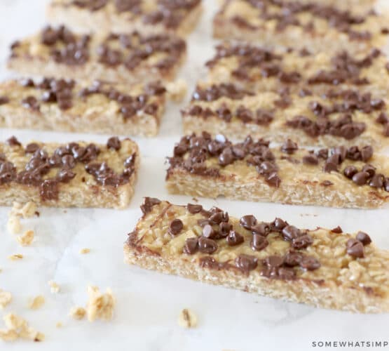 chocolate chip granola bars laying on the counter