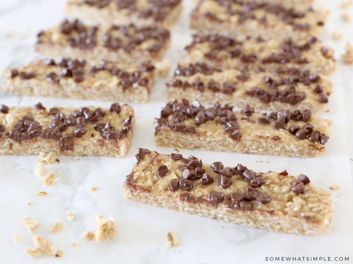 chocolate chip granola bars laying on the counter