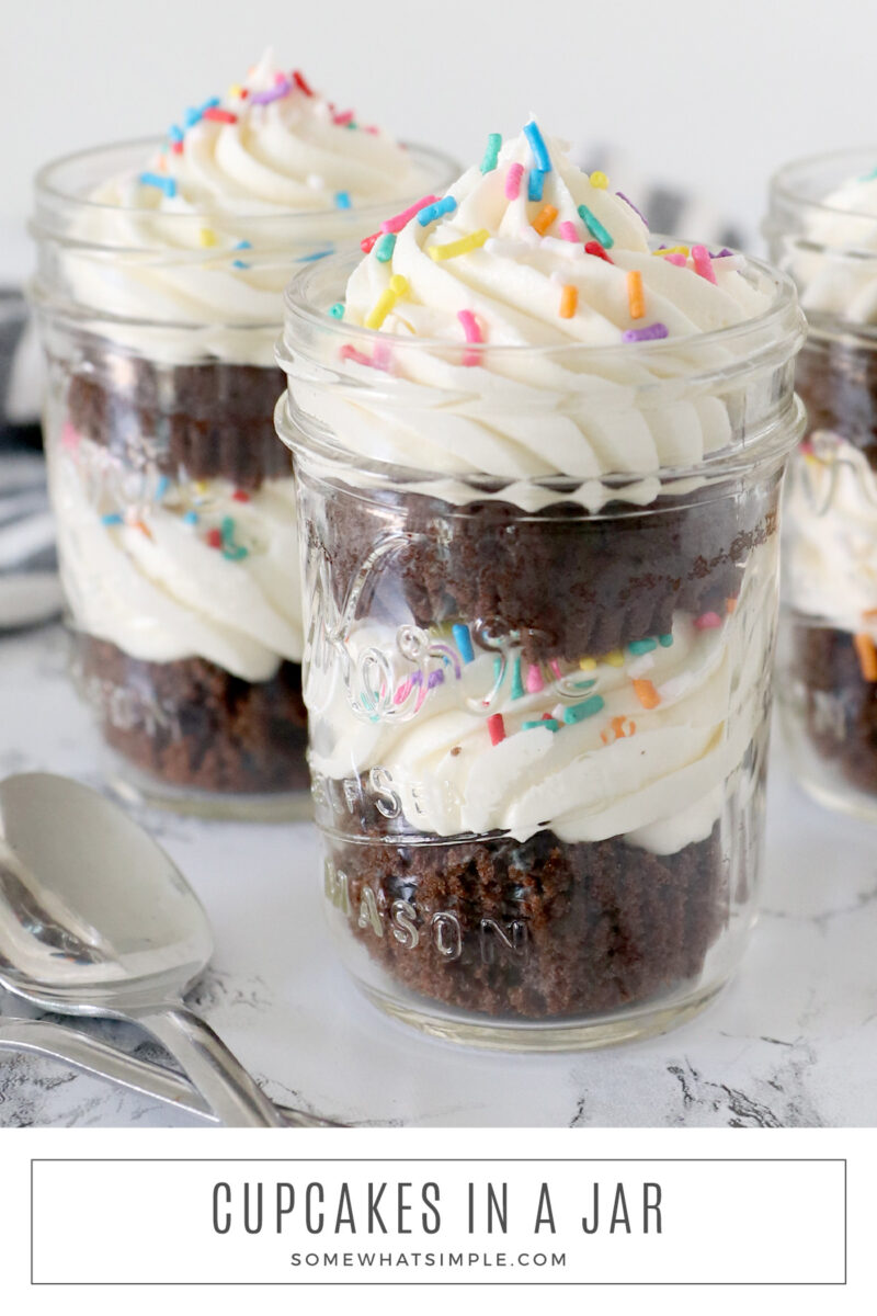long image of 3 mason jars filled with cupcakes and frosting