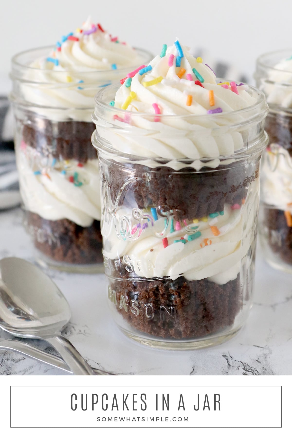 Cupcakes in a Jar are a fun make-ahead dessert made with layers of cupcakes and buttercream frosting. They're deliciously simple and perfect for any party or celebration! via @somewhatsimple