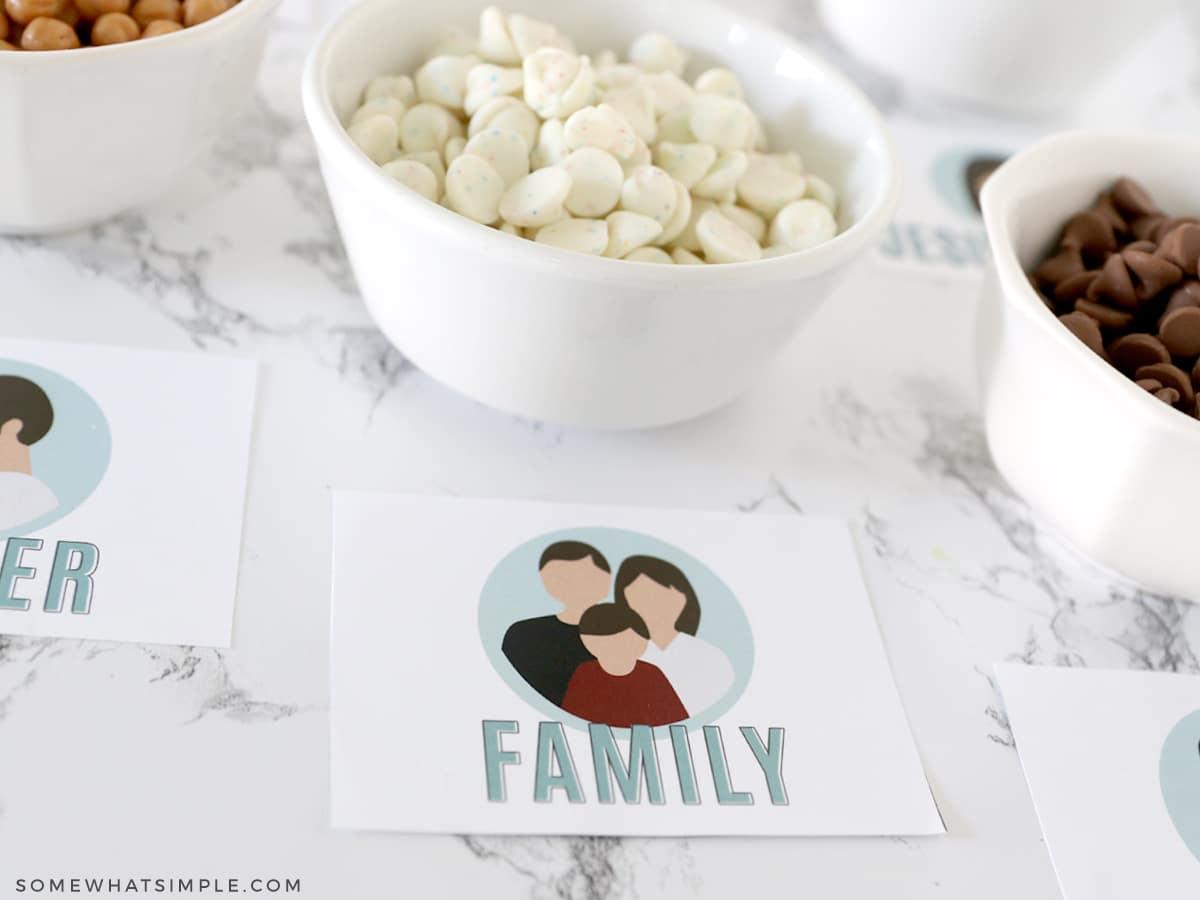 a piece of paper with the word FAMILY on it next to a bowl of candy