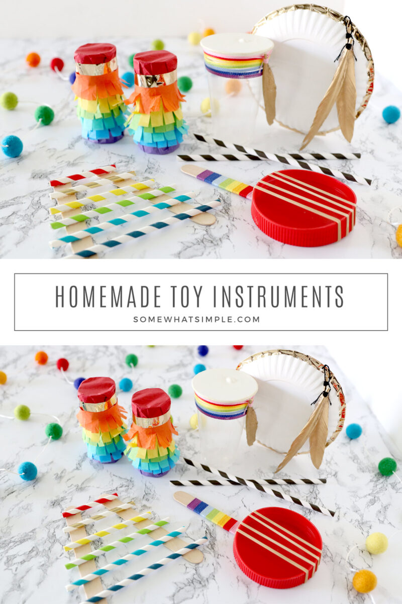 collage of images showing how to make homemade toy instruments