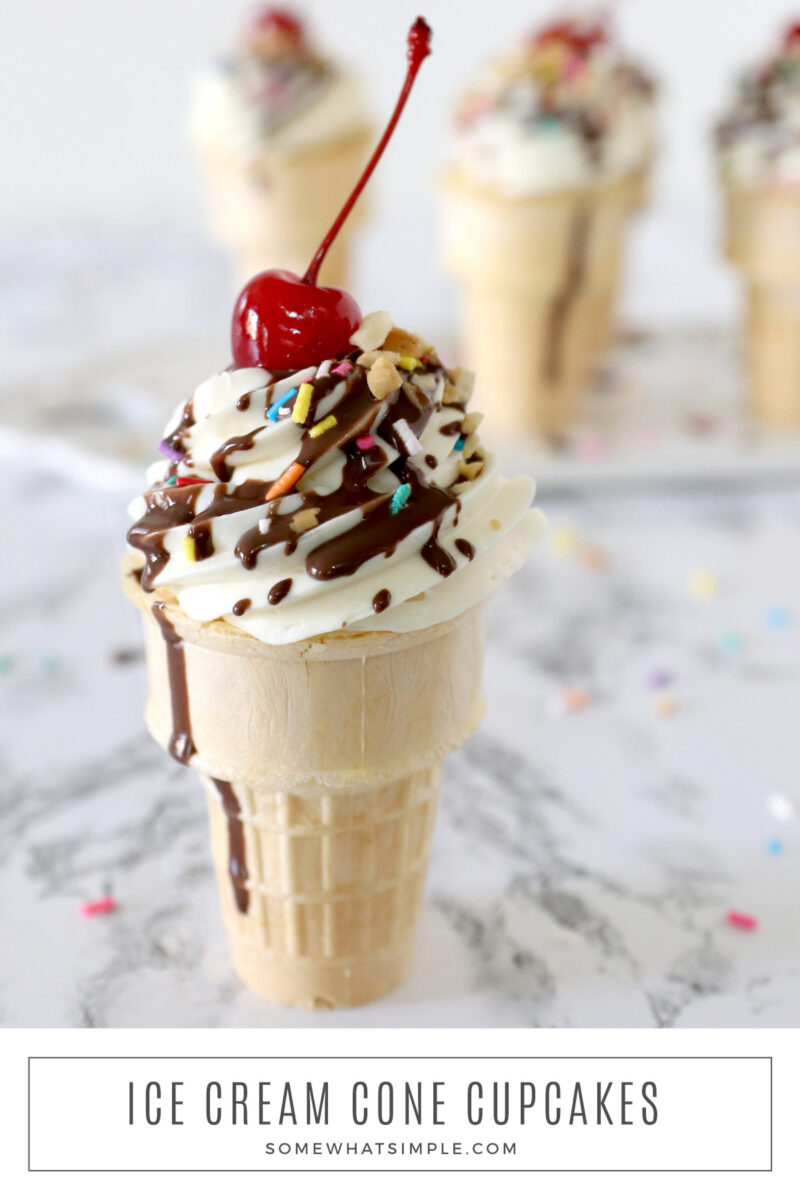 long image of an ice cream cone cupcake sundae