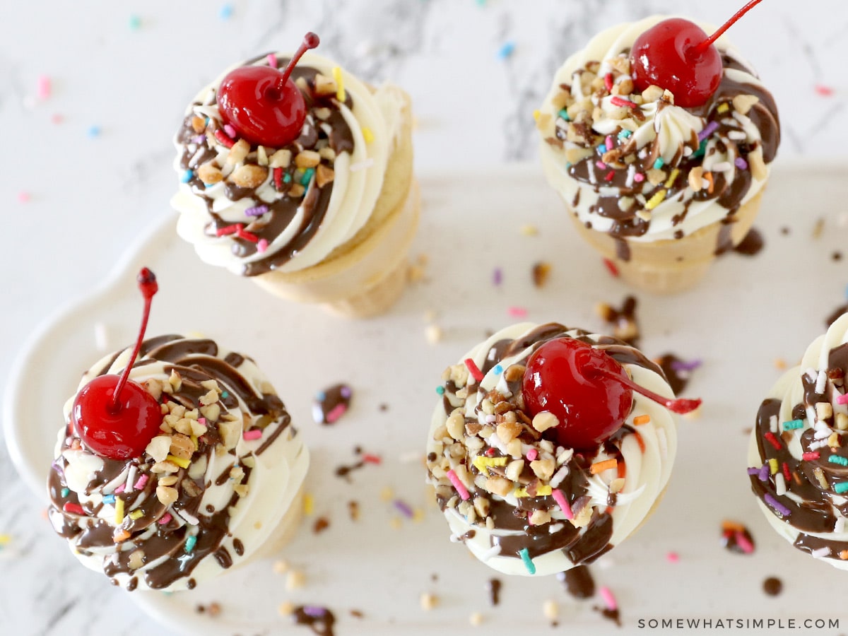 overhead shot of some ice cream cone cupakes decorated like an ice cream sundae