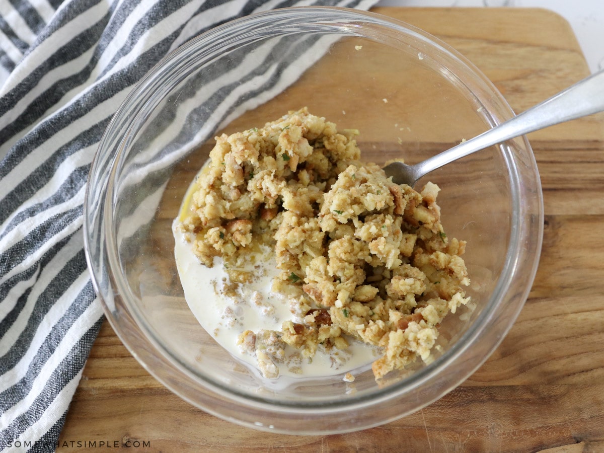 mixing stuffing with eggs and cream