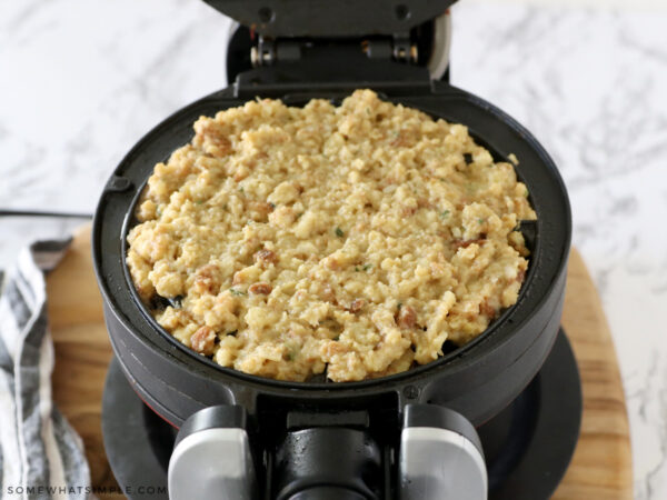 stuffing mixture on a waffle iron
