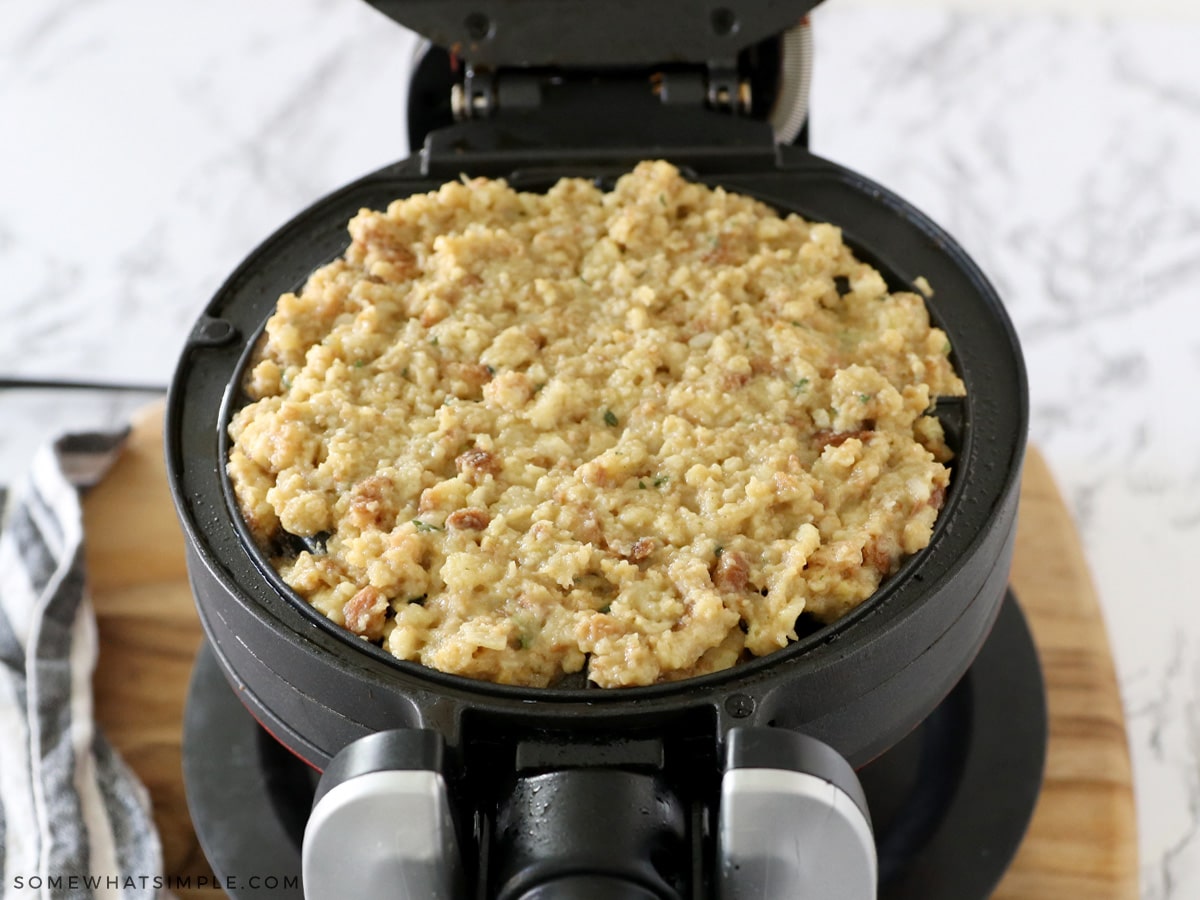 stuffing mixture on a waffle iron