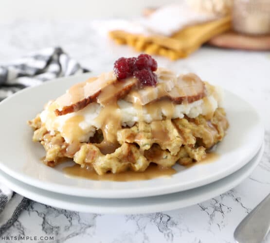 stuffing waffles on a white plate