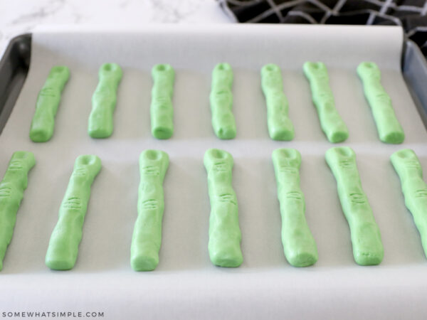 baking green witch finger cookies