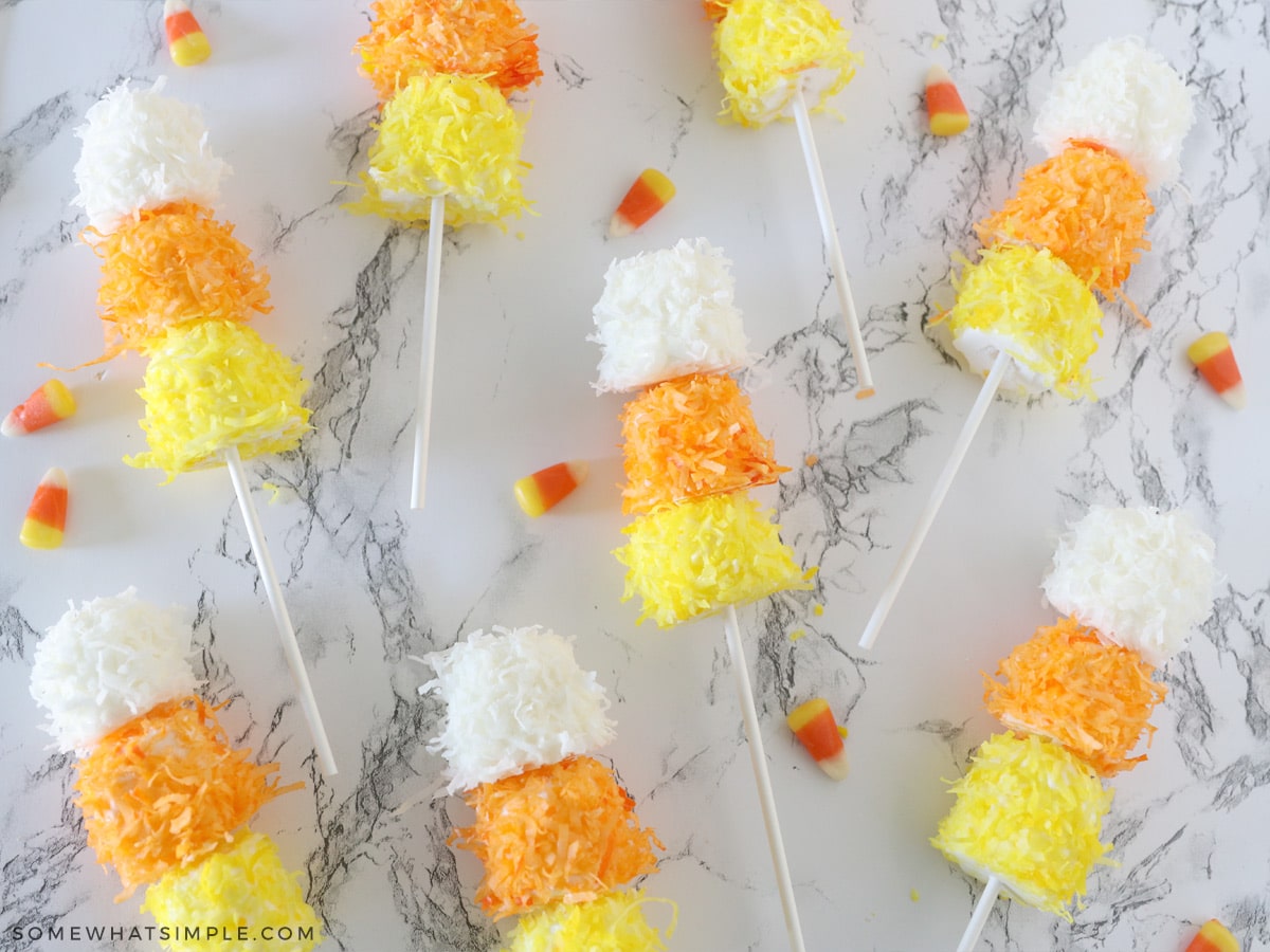 finished candy corn marshmallows on a stick