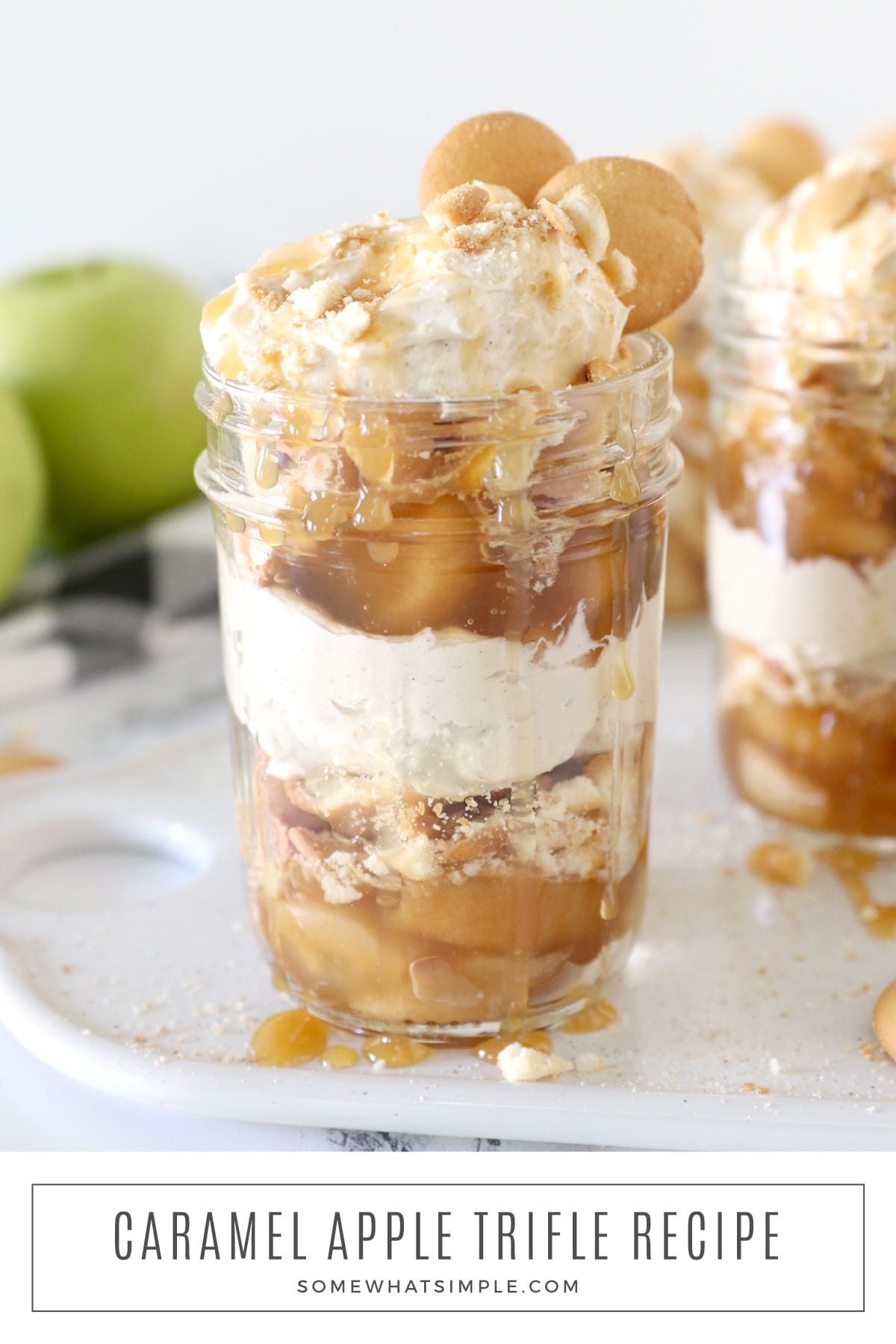 Caramel Apple Trifle is a no-bake cheesecake dessert with rich layers that are creamy, crunchy, tart, and delicious! It's the perfect decadent dessert to feed your guests! via @somewhatsimple