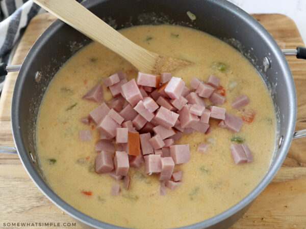 adding ham to cheddar cheese soup