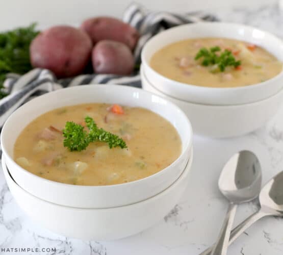 two bowls of potato cheddar soup