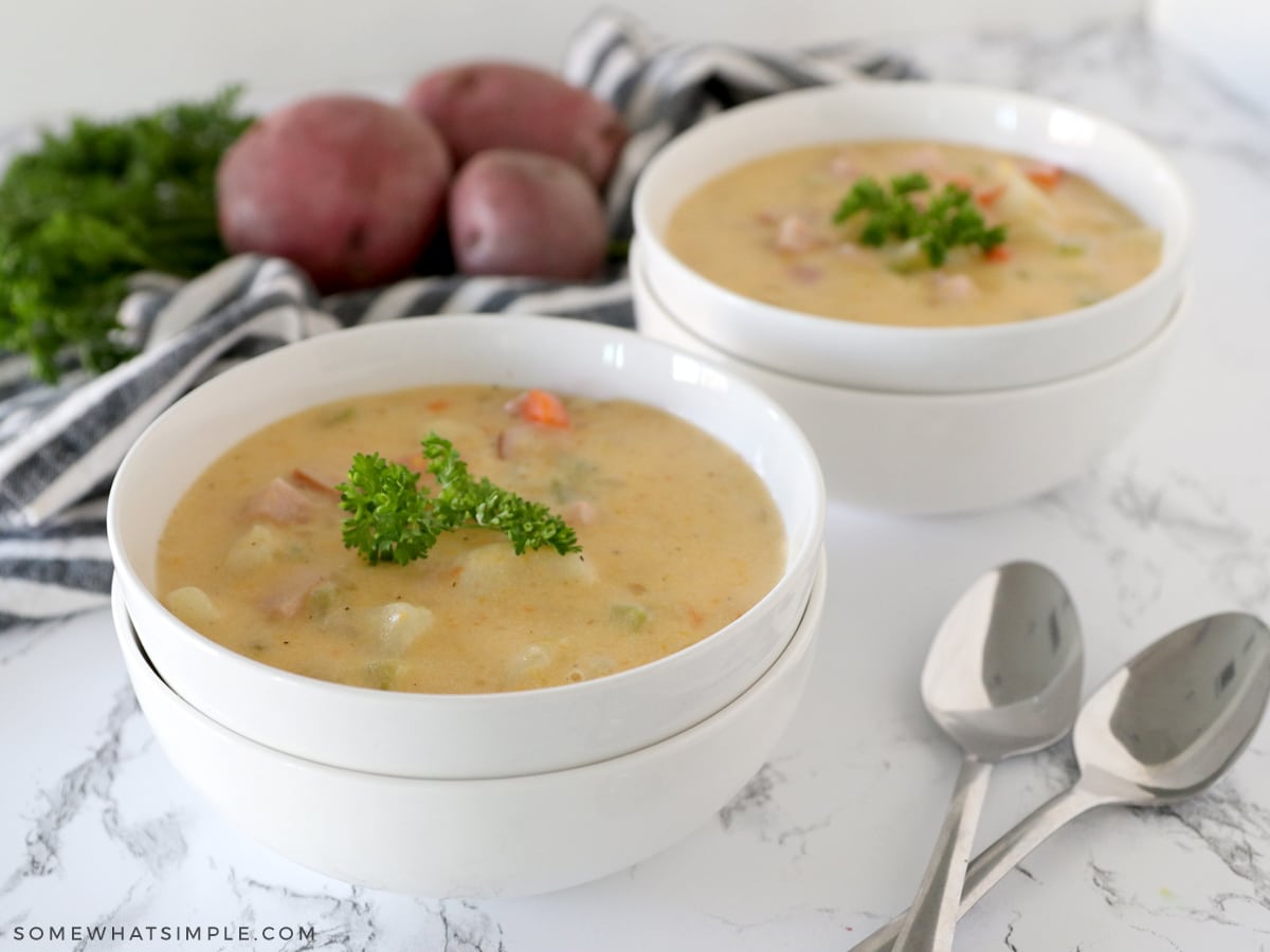 two bowls of potato cheddar soup