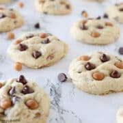 caramel chocolate chip cookies on the counter