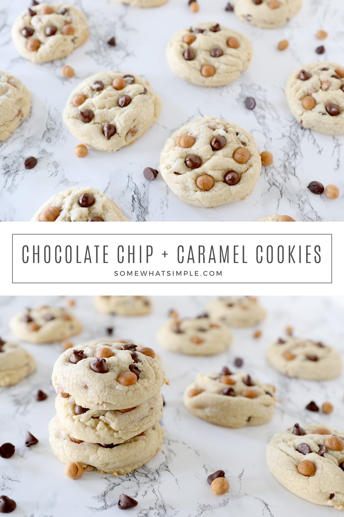 Delicious Caramel Chocolate Chip Cookies are the perfect balance of salty and sweet! This cookie recipe is thick, chewy, and totally simple to make! via @somewhatsimple