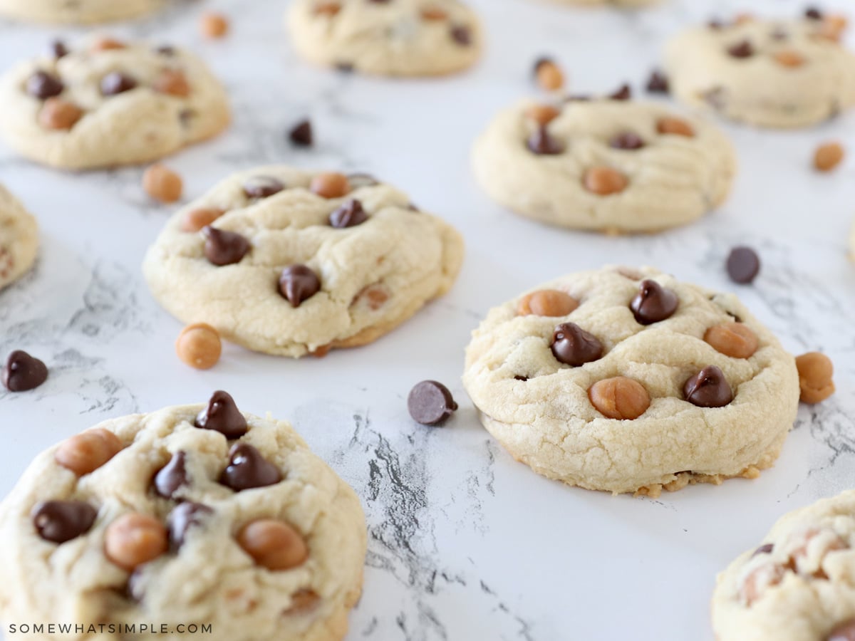 caramel chocolate chip cookies on the counter