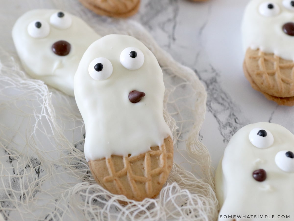 close up of a ghost made from a nutter butter cookie
