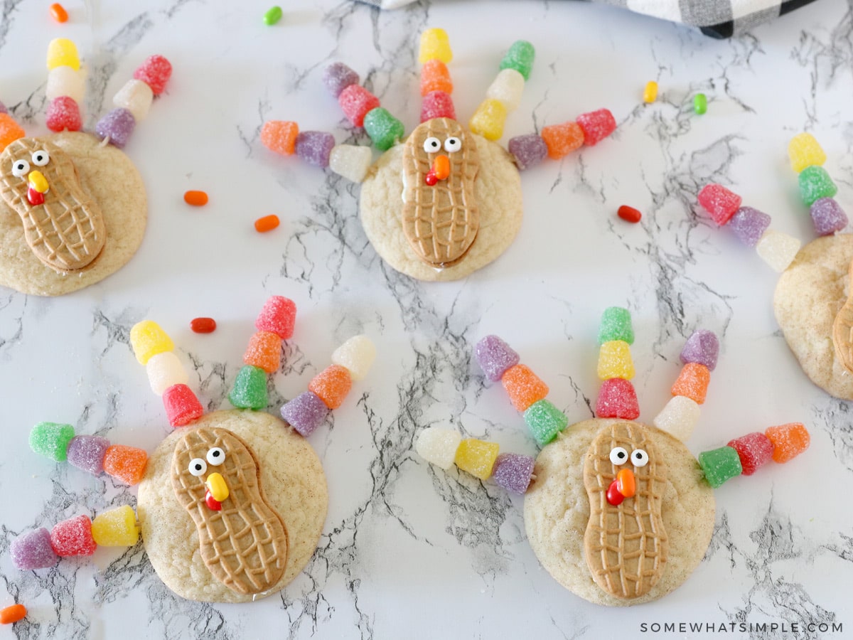 several turkey cookies on a counter
