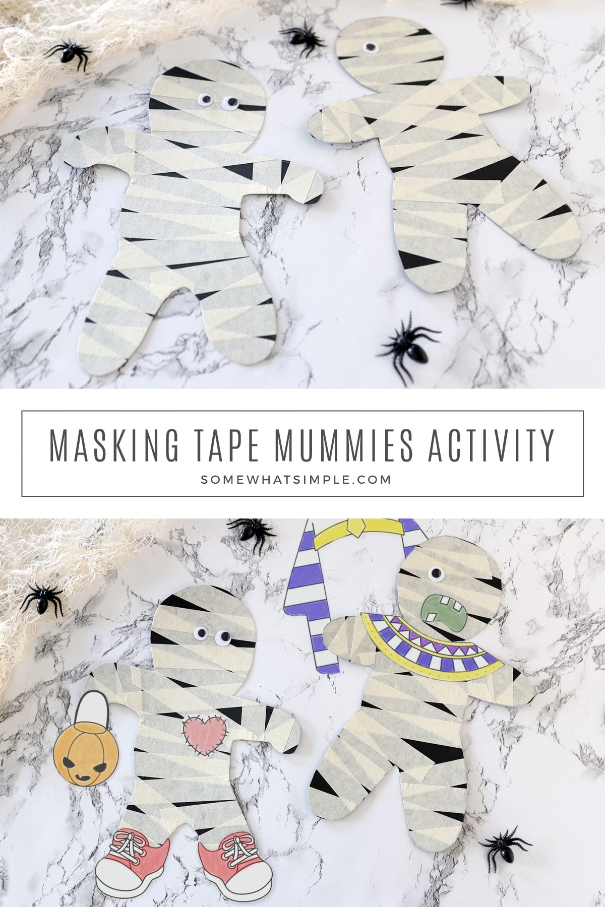 Making a mummy doesn’t have to be scary! With some masking tape, googly eyes, and our free printables, you can create a fun and simple mummy craft for Halloween. via @somewhatsimple