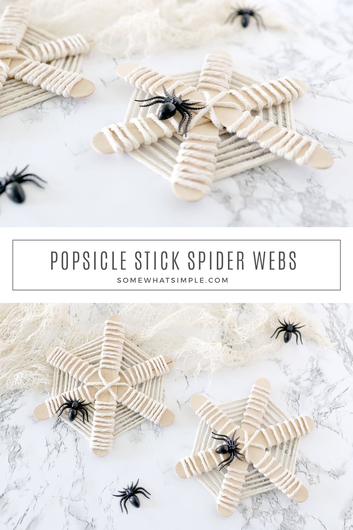 Popsicle stick spiderwebs are a great craft for a classroom Halloween party. Made with just a few simple supplies, these spider webs are adorably spooky and so simple to make! via @somewhatsimple