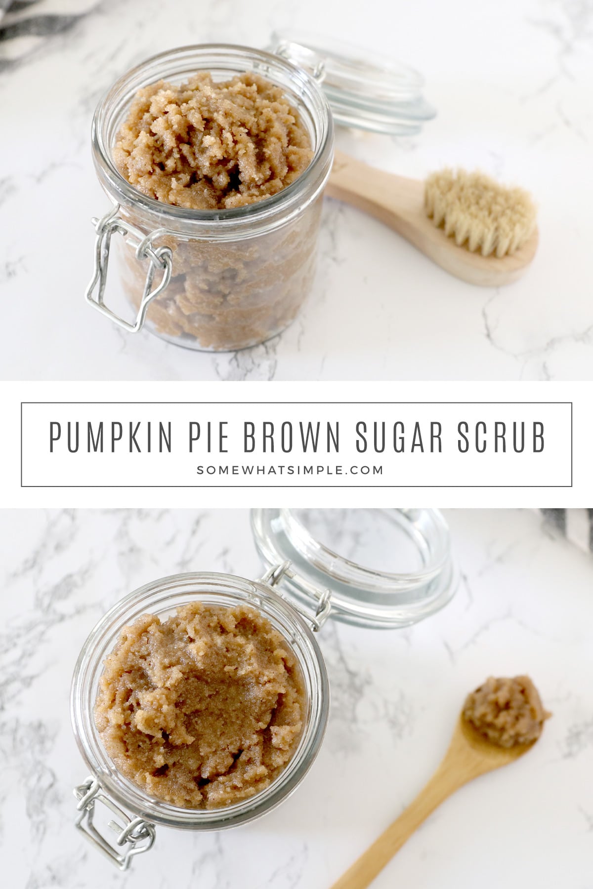 Pumpkin Spice Sugar Scrub is simple to make and smells delicious! It leaves your skin feeling silky smooth, and makes a great holiday gift idea! via @somewhatsimple