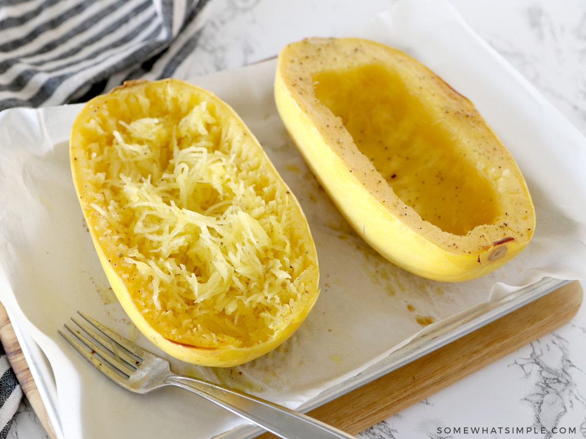 roasted spaghetti squash on a baking sheet