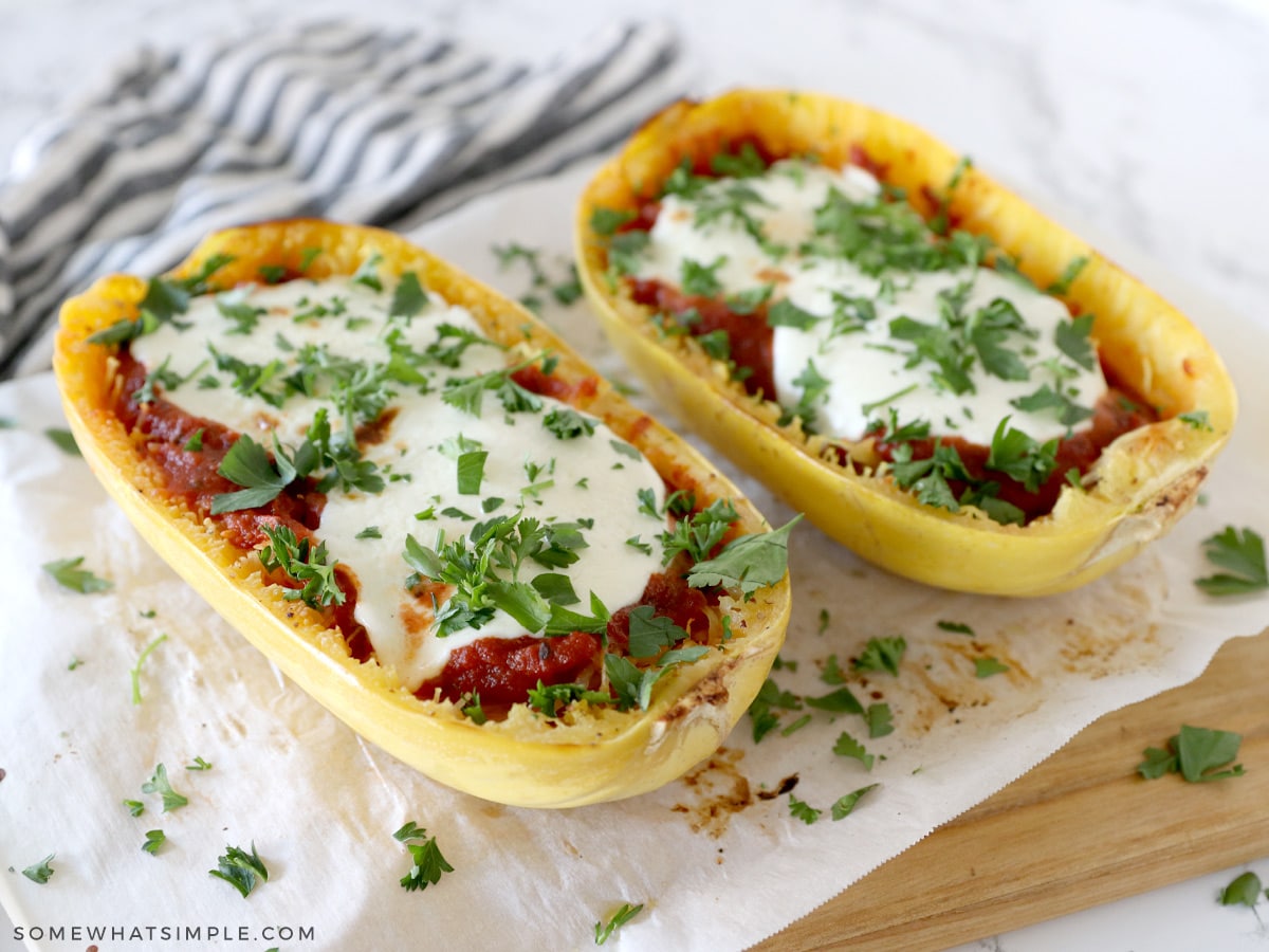 ready to east spaghetti squash with red sauce and cheese