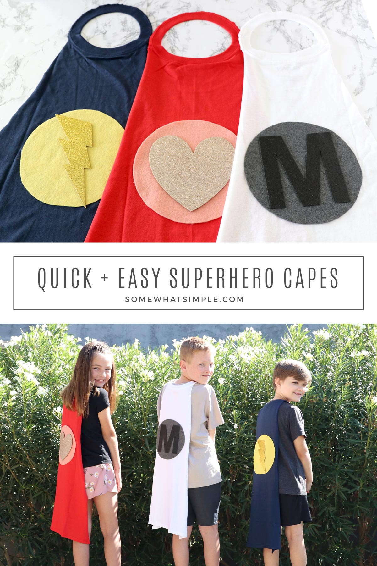 You don't need lots of fancy supplies or sewing skills to make fun superhero capes for kids. These easy capes can be made with an old T-shirt, a hot glue gun, and about 10 minutes of your time! via @somewhatsimple