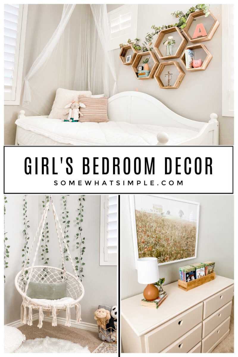 collage of pictures with girls bedroom decor