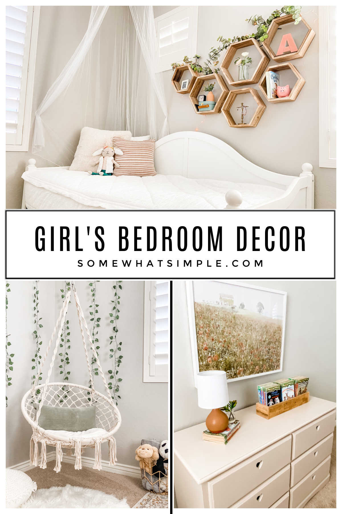 Easily decorate your daughter's bedroom, without spending a lot of money! Here's how we updated Addie's space with some simple, affordable girls bedroom decor. via @somewhatsimple