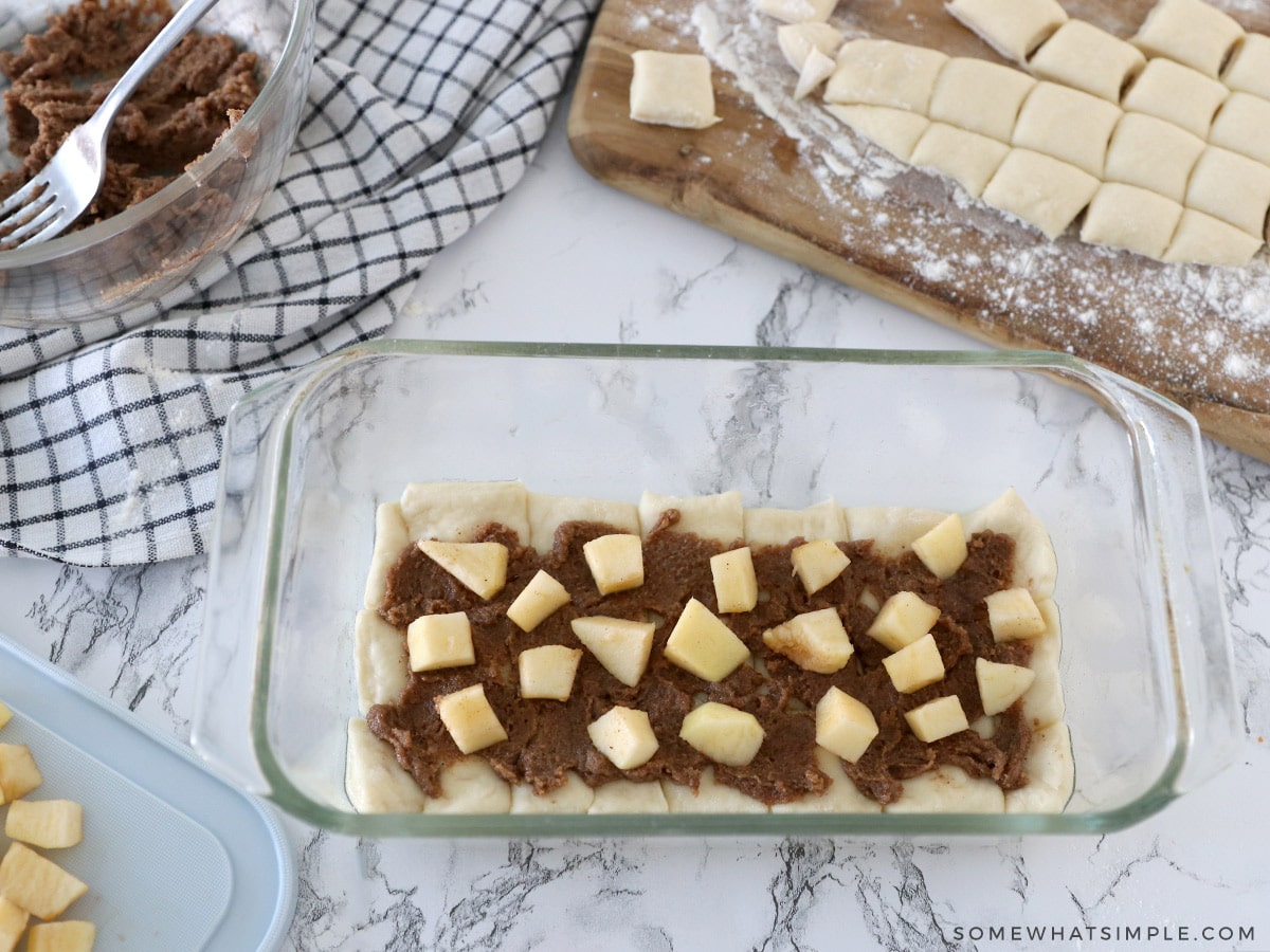 first layer of apple cinnamon bread in the pan