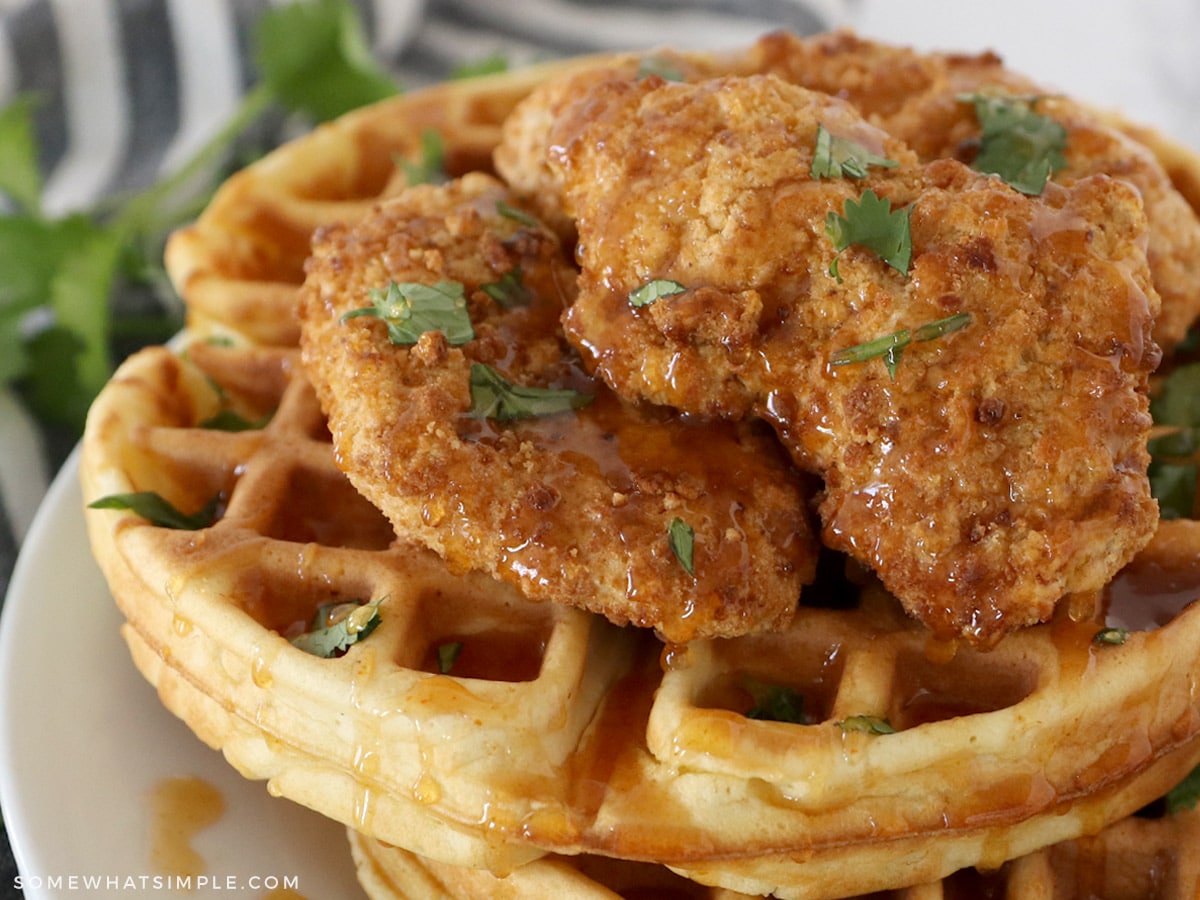 chicken and waffles with hot honey on top