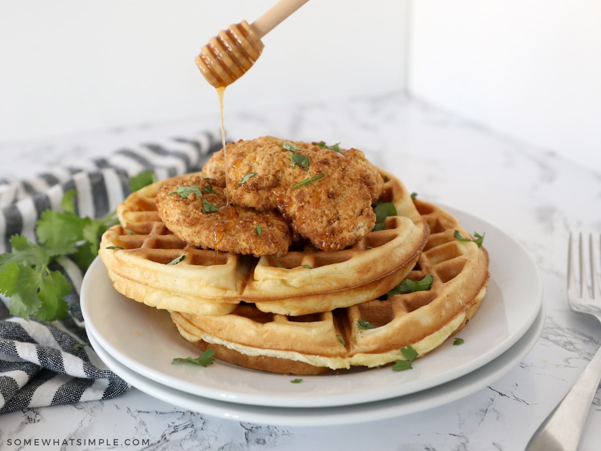 drizzling hiney over chicken and waffles