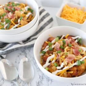 chili dog casserole dished out into two separate bowls
