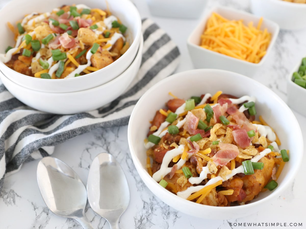 chili dog casserole dished out into two separate bowls