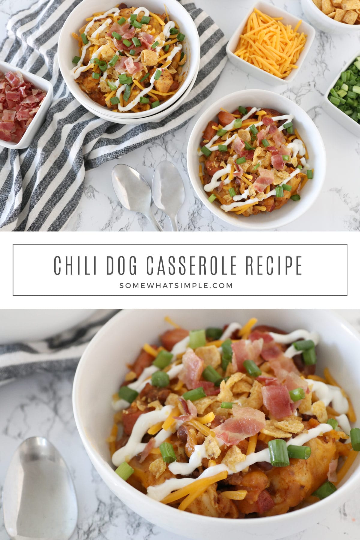 All the classic flavors you love but in casserole form! This Chili Dog Casserole is easy to make and easy to customize for picky eaters, too! via @somewhatsimple