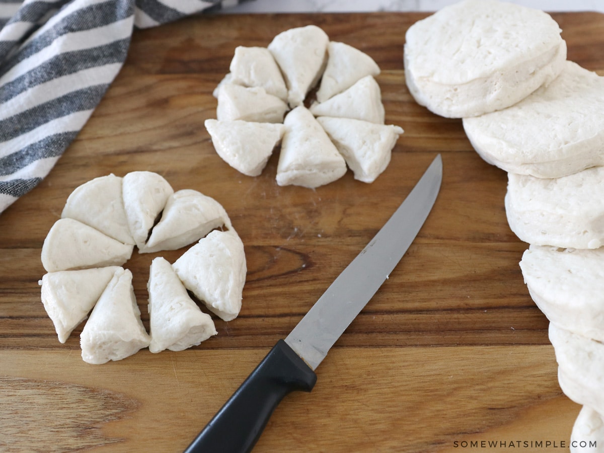 cutting biscuits into 8 pieces