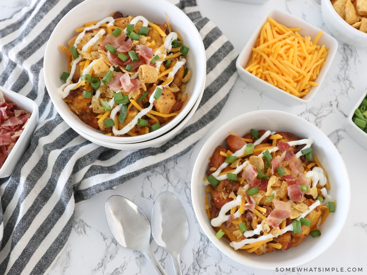 overhead shot of chili cheese dog casserole