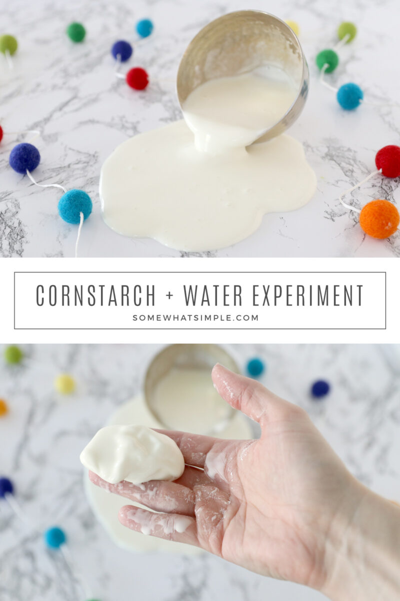 collage of images showing oobleck cornstarch and water experiment